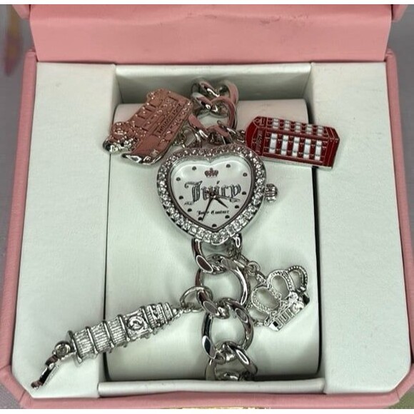 SILVER JUICY COUTURE HEART-SHAPED LONDON THEMED WATCH - Picture 1 of 4